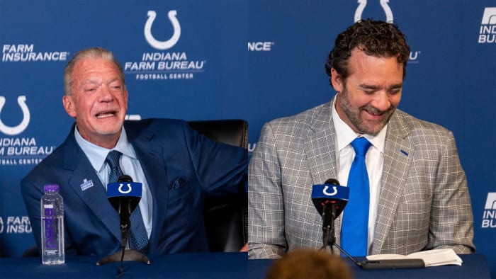 Jim Irsay, owner, and new interim head coach Jeff Saturday have a laugh on Monday, Nov. 7, 2022, during a press conference at the Colts headquarters in Indianapolis.